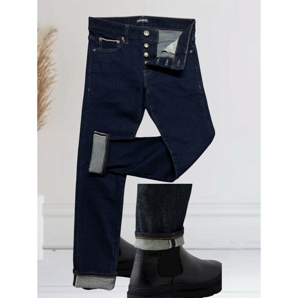 Express Selvedge Denim Men's W28 L30 Buttonfly Slim Fit Dark Blue Jeans - Picture 13 of 16